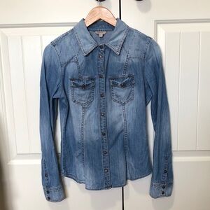 GUESS Blue Cotton Denim Snap Button-Down Shirt - S/M